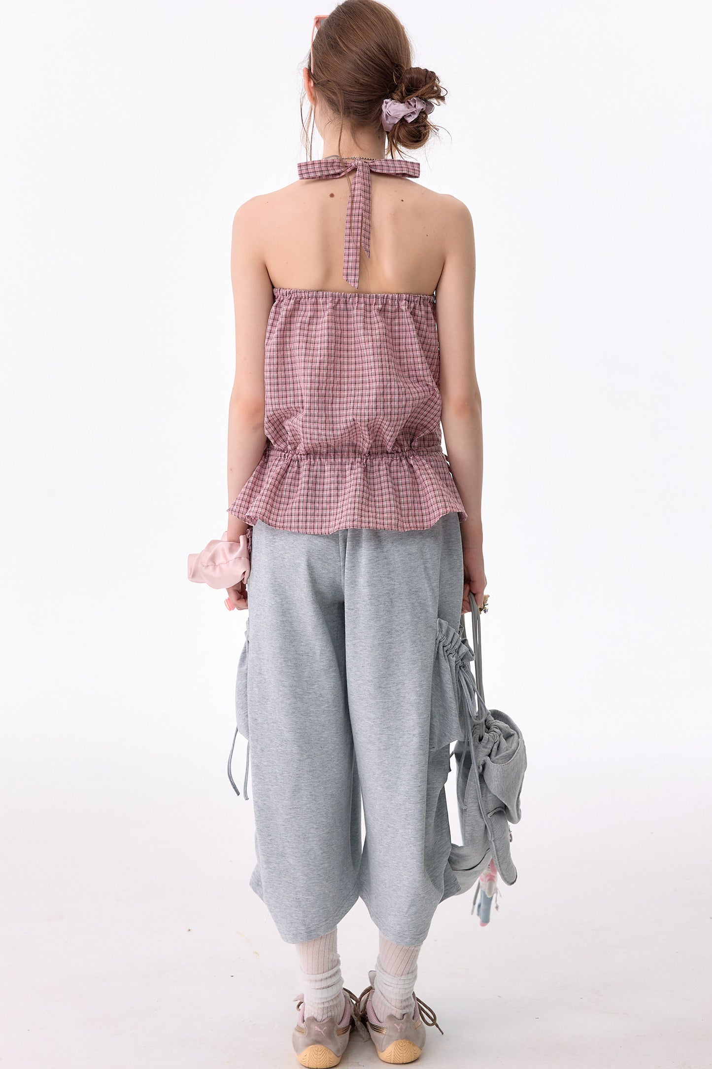 Pink American Retro Plaid Halter Tank Top