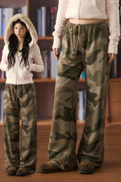 High-Waist Drawstring Camo Wide-Leg Pants
