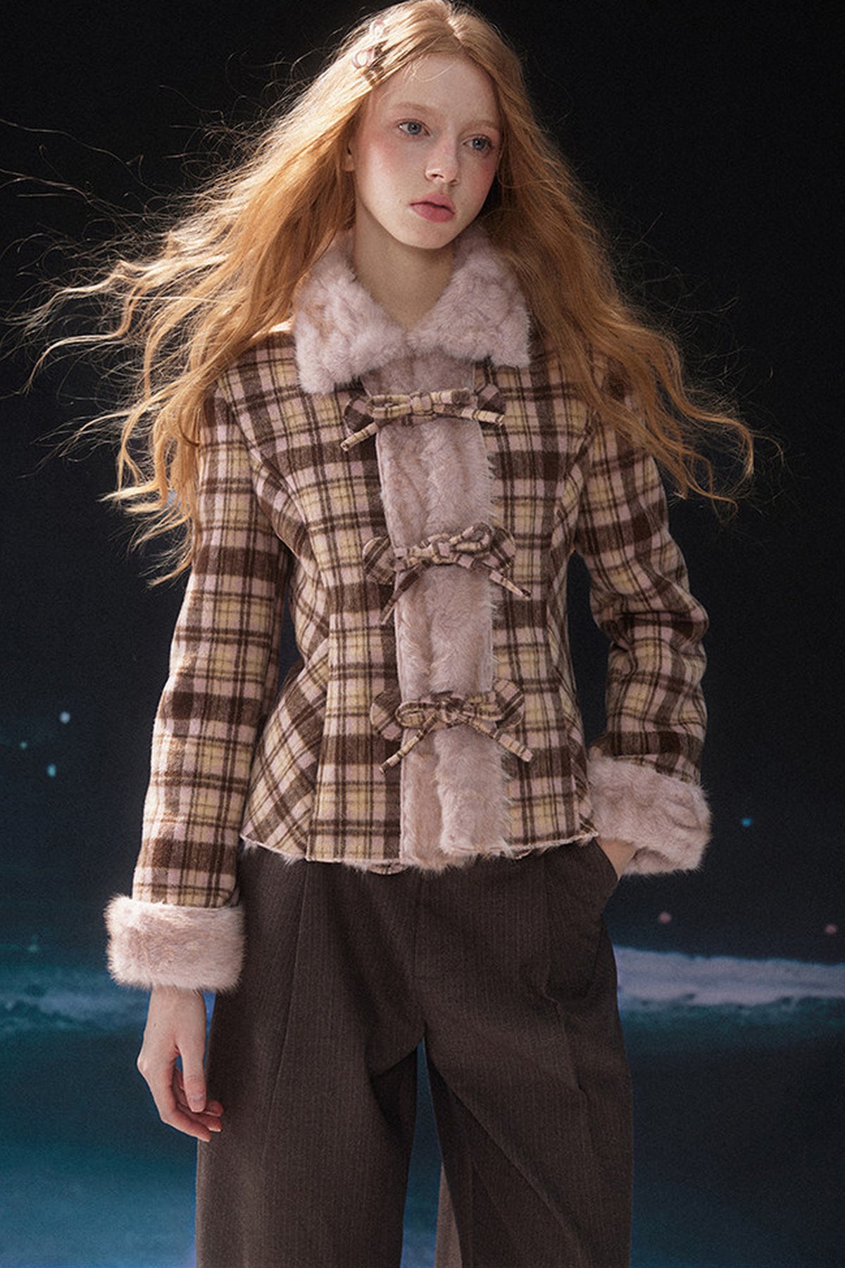 Bowknot Faux Fur Padded Coat