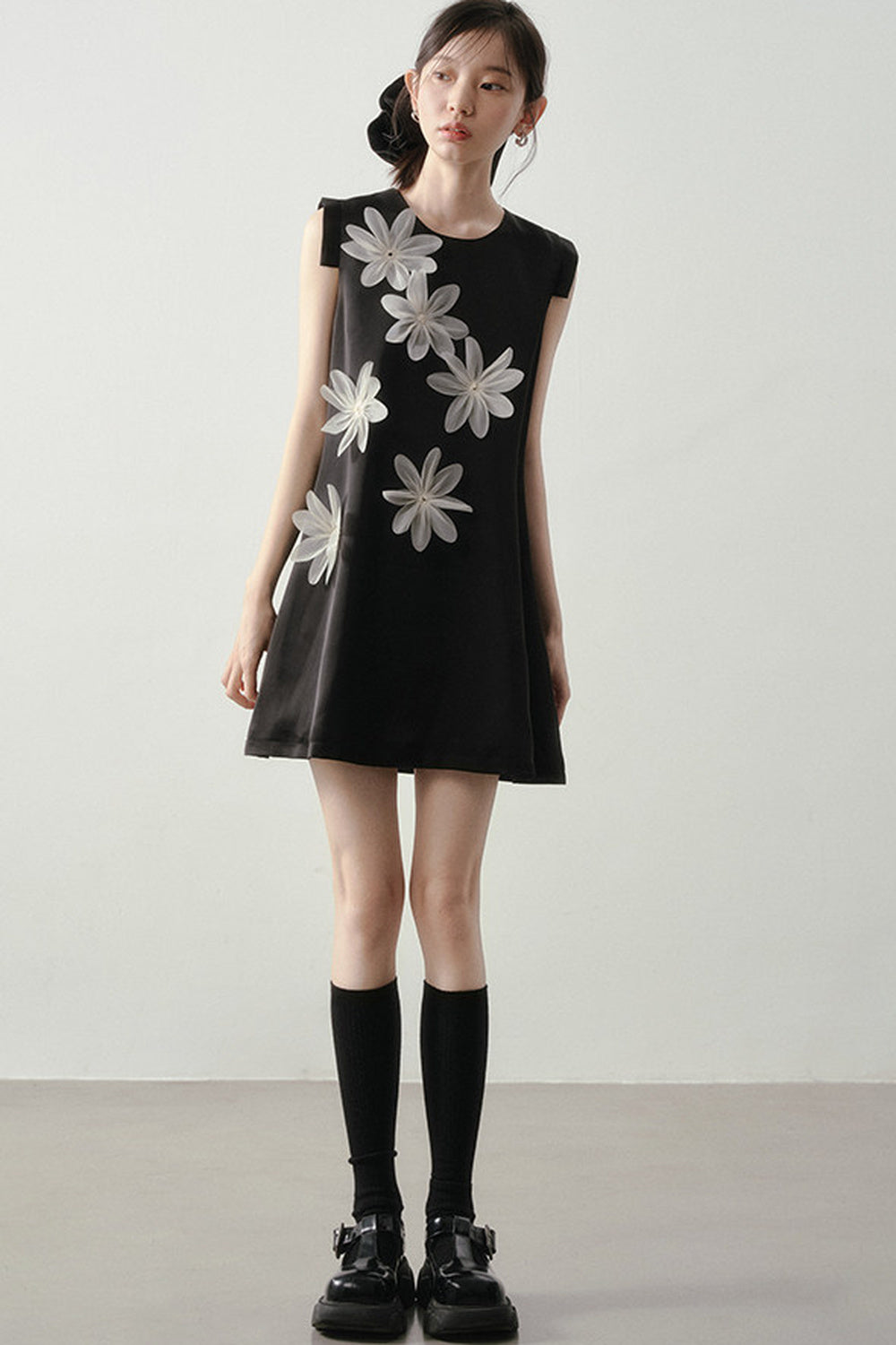 3D Floral Appliqué Satin Sleeveless Dress