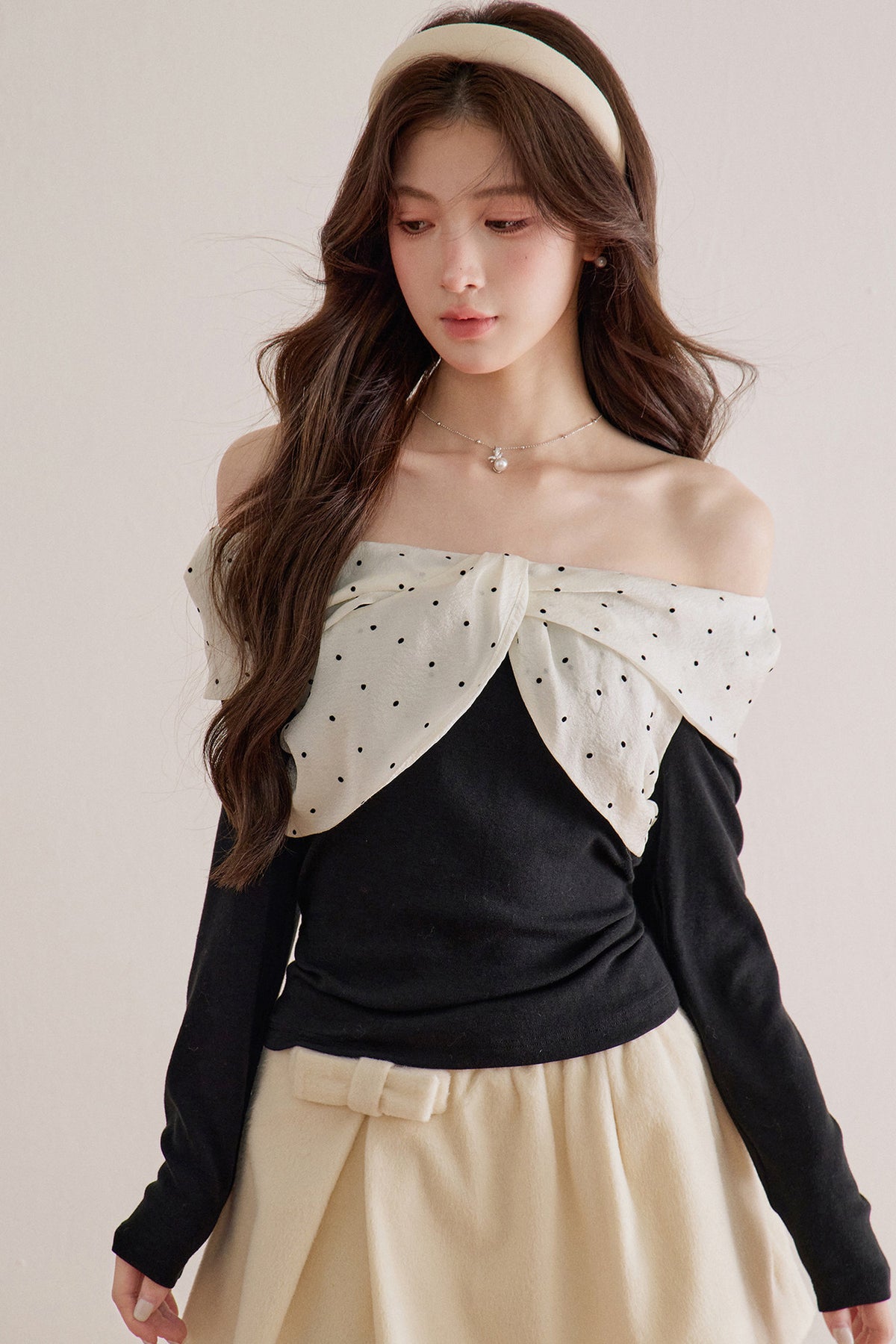 Polka Dot Bow Long-Sleeve Top