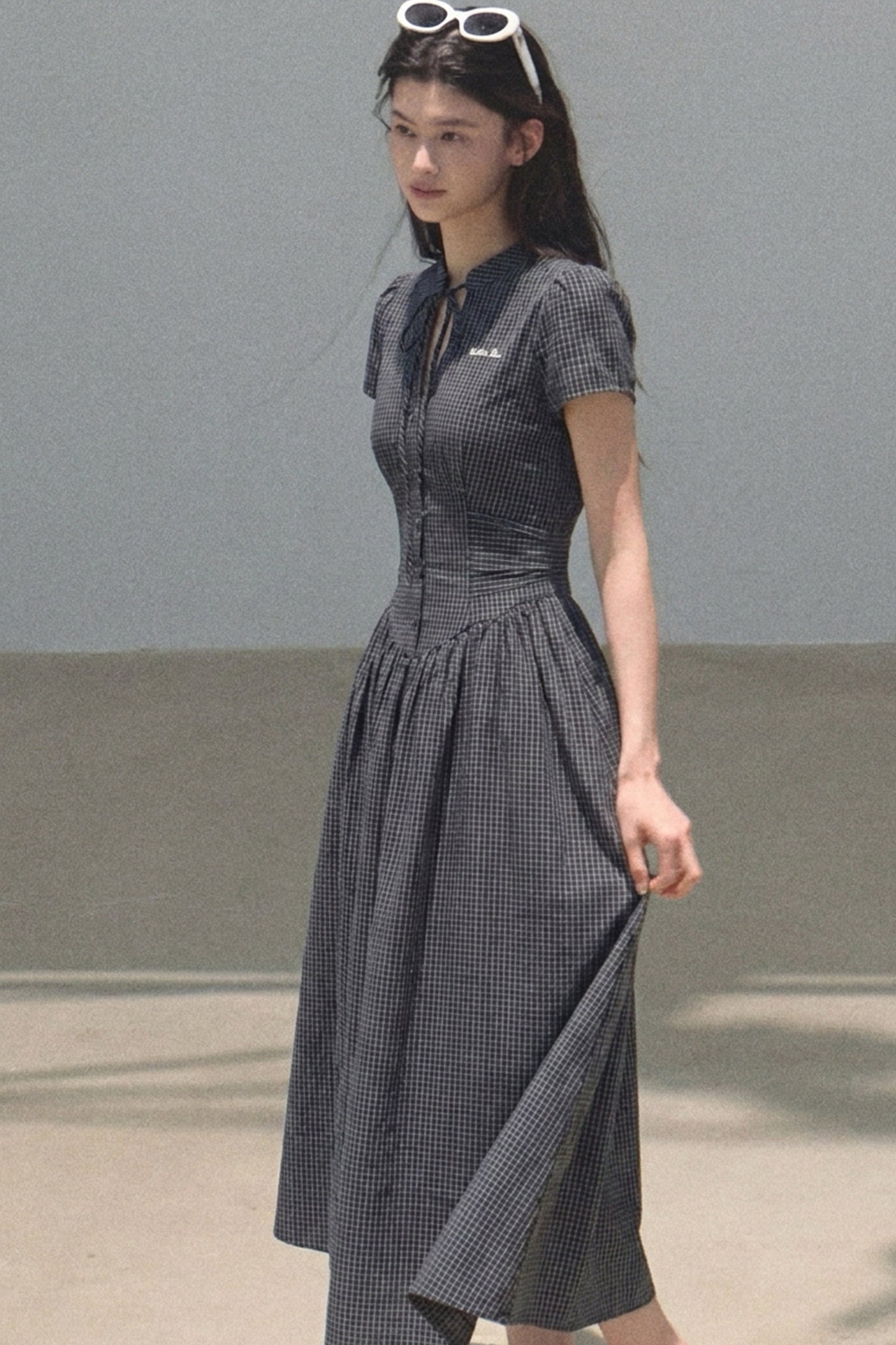 Short Sleeve Waist-Cinching Plaid Dress