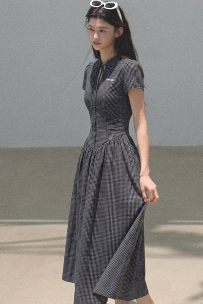 Short Sleeve Waist-Cinching Plaid Dress