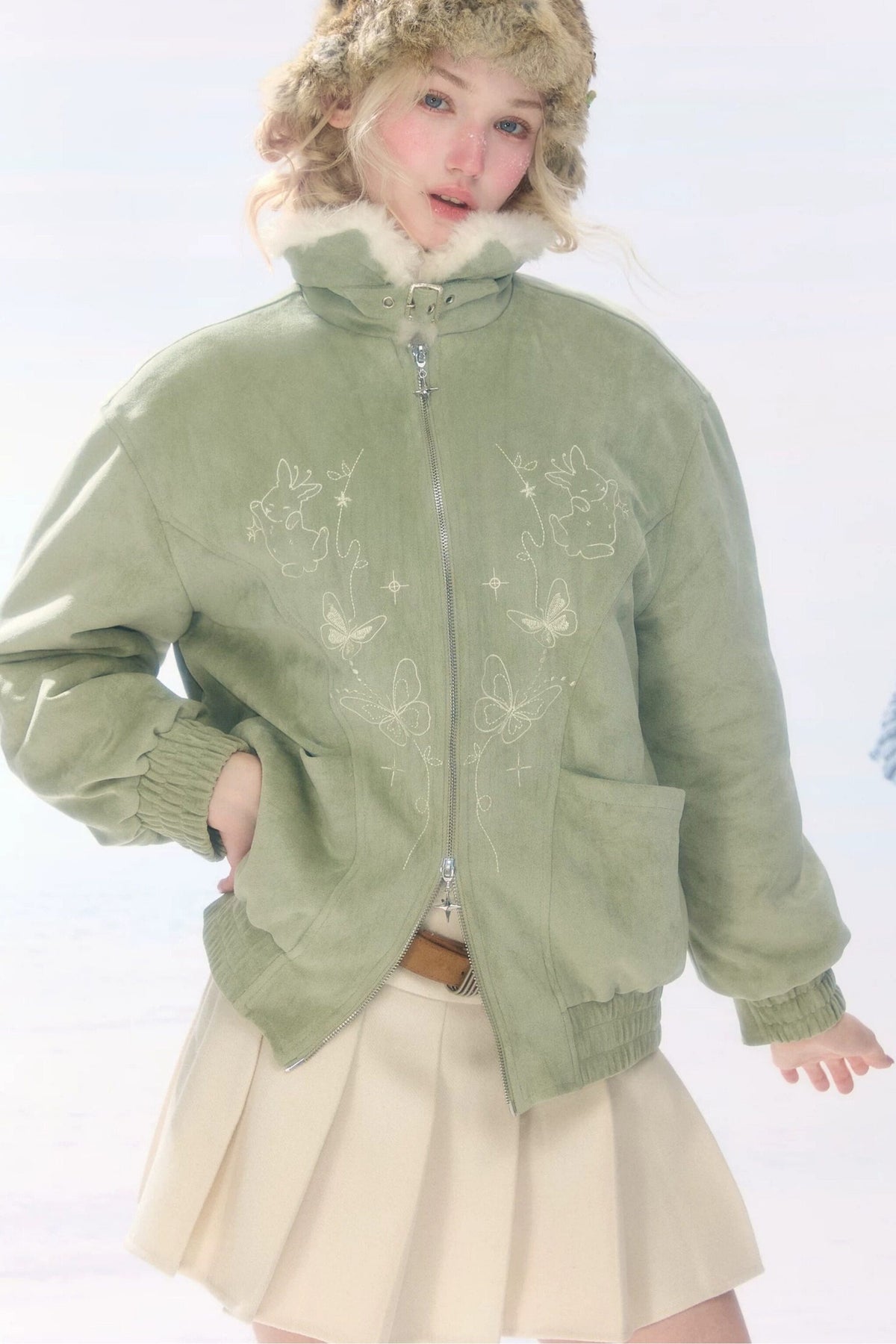 퍼 칼라 토끼 프린트 재킷