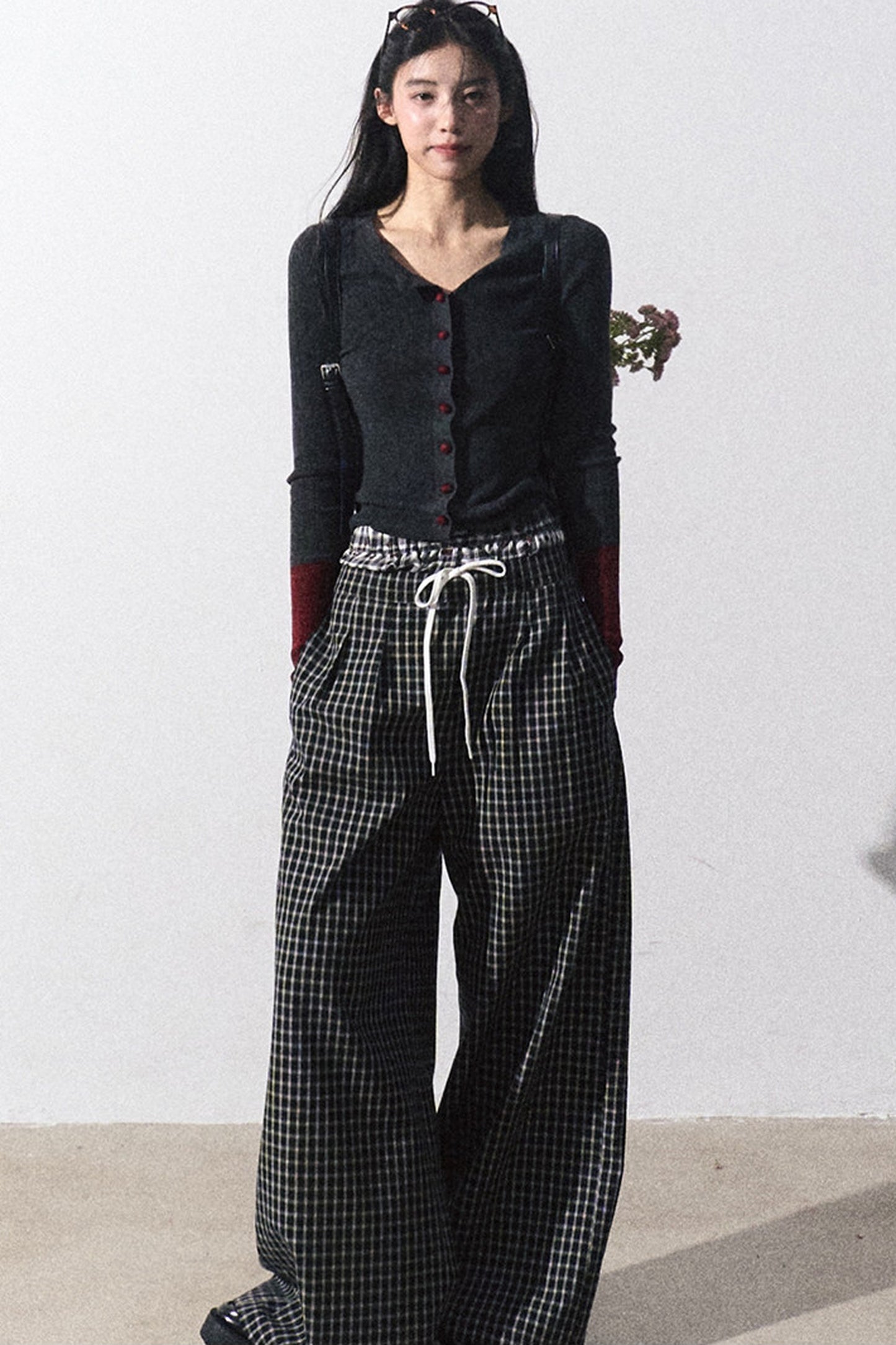 Drawstring Plaid Wide-Leg Pants