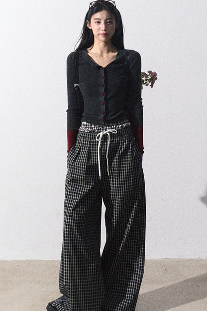 Drawstring Plaid Wide-Leg Pants