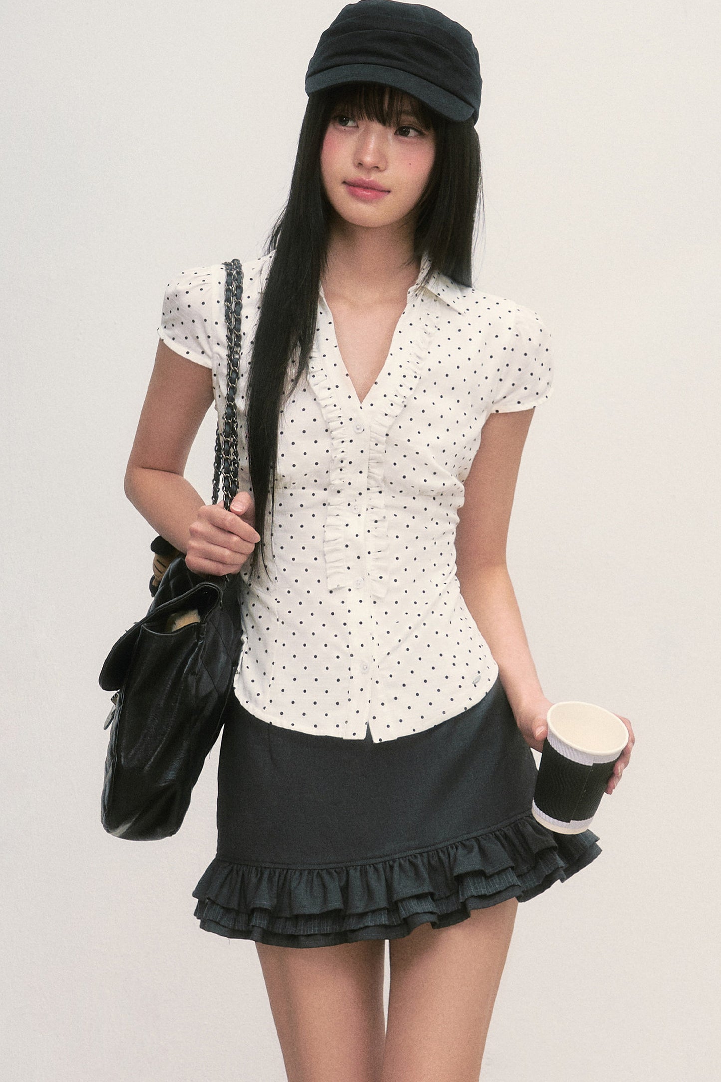 Französische Puffärmelbluse mit Polka-Dots