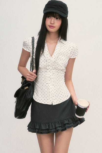 Französische Puffärmelbluse mit Polka-Dots
