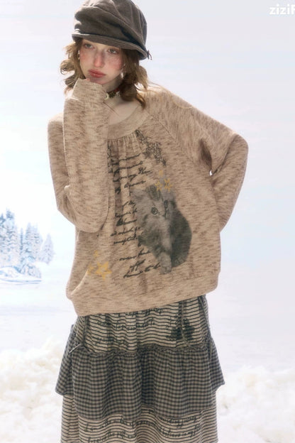 Distressed Cat Print Sweatshirt