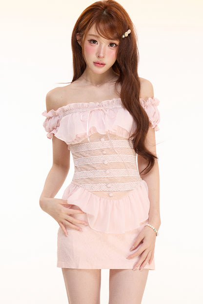 One-Shoulder Ruffled Lace Patchwork Top Set-Up