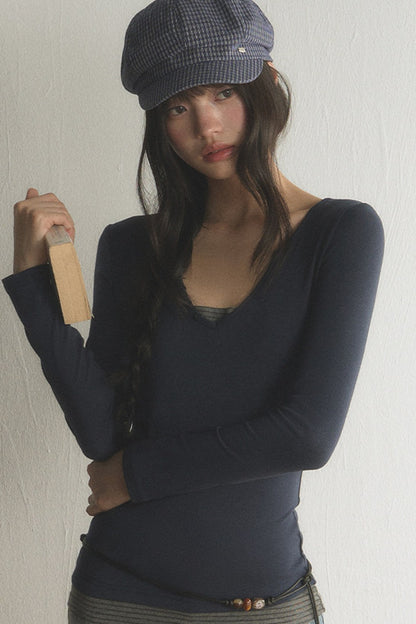 Layered-Look V-Neck Long-Sleeve T-Shirt
