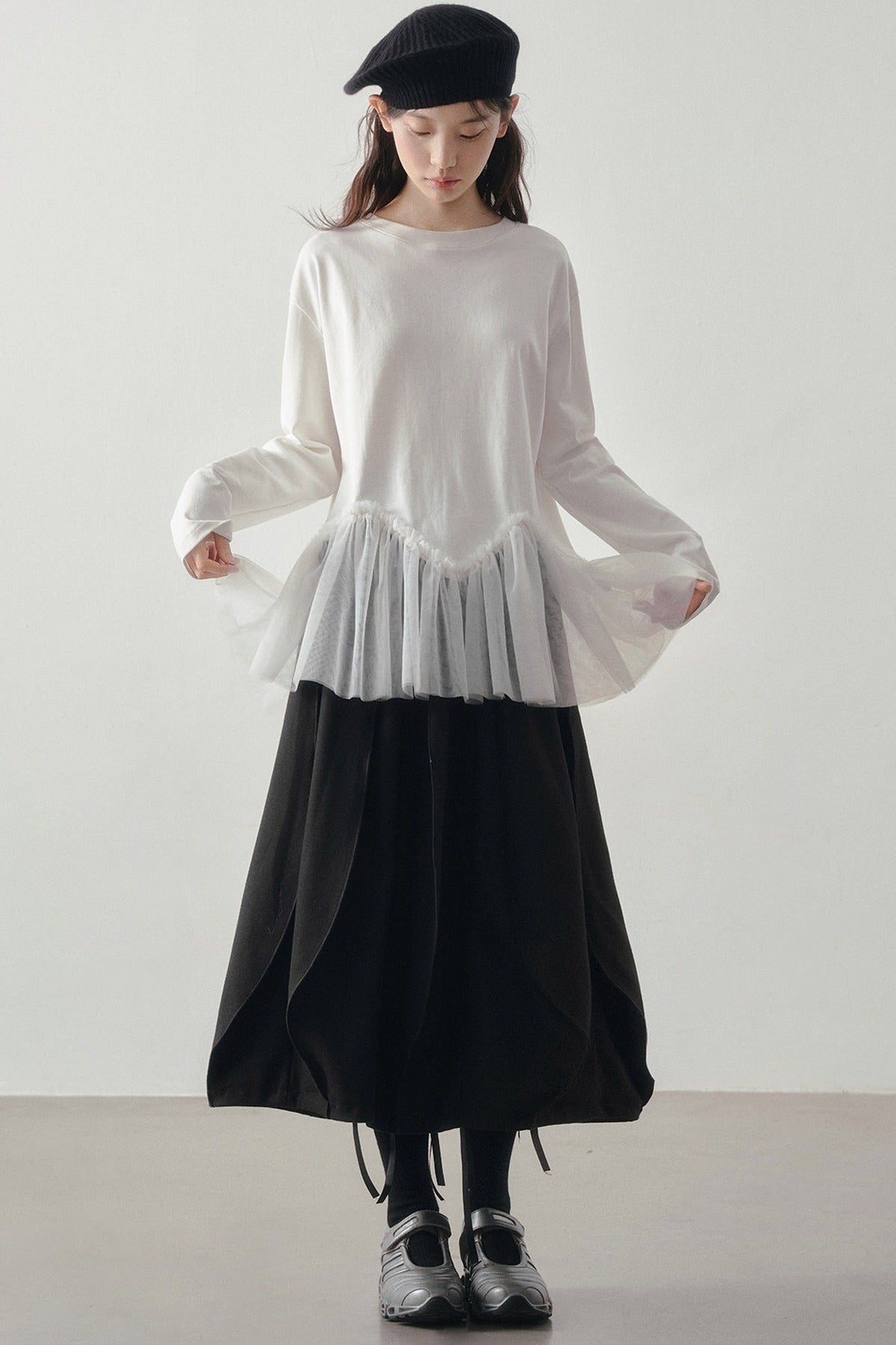 Wavy Hem Mesh Long Sleeve Top
