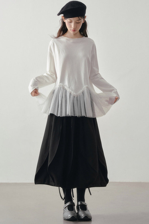Wavy Hem Mesh Long Sleeve Top
