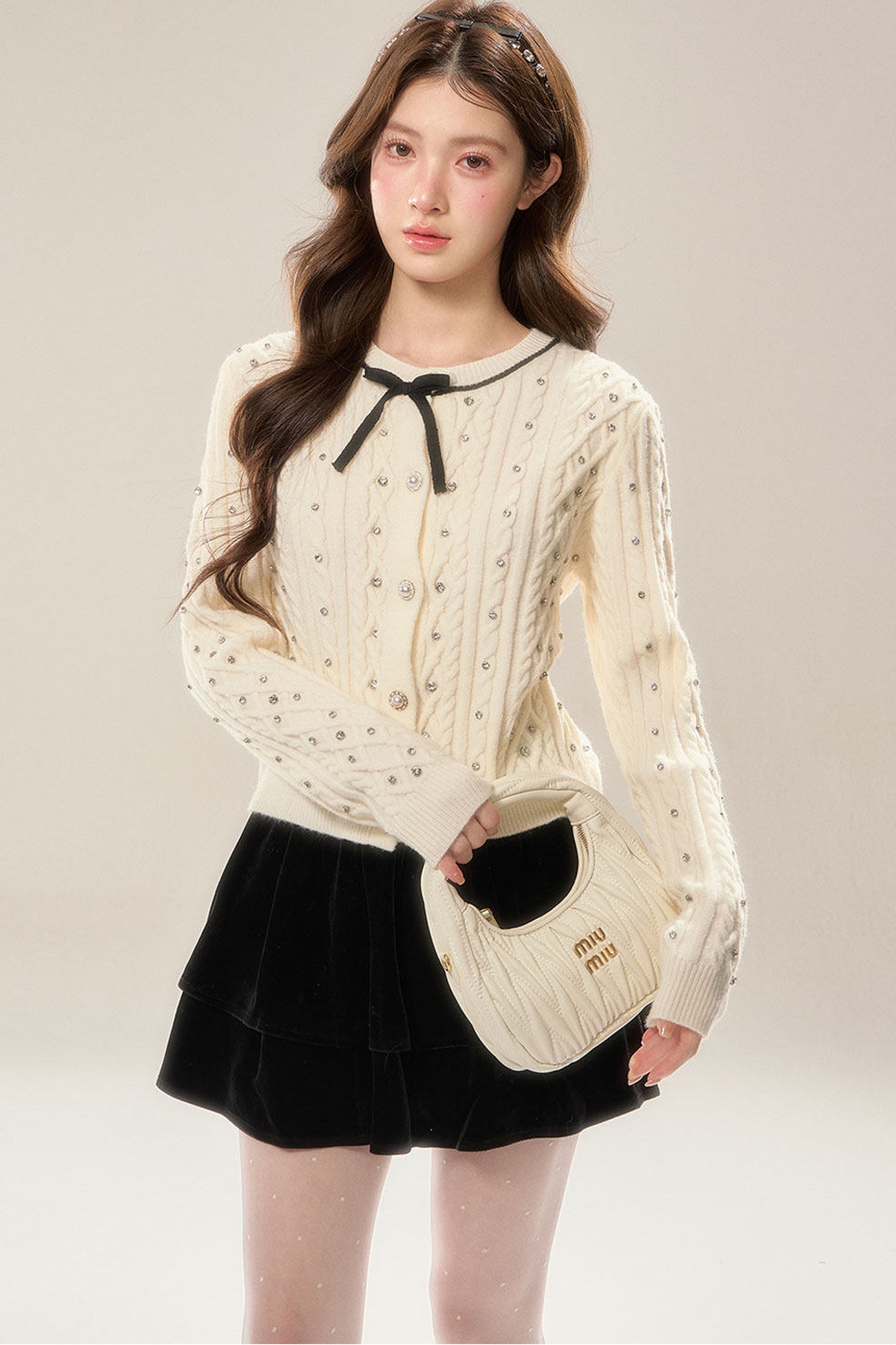 Rhinestone Bow Knit Cardigan Top and Velvet Skirt Set-Up