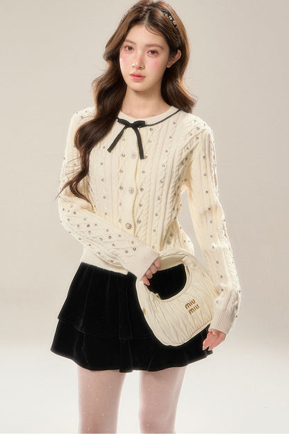 Rhinestone Bow Knit Cardigan Top and Velvet Skirt Set-Up