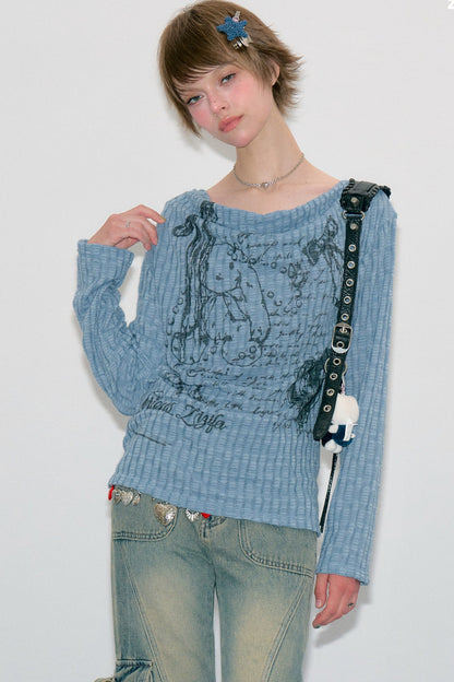 Blusa in maglia con graffiti di conigli