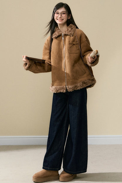 Lamb Fur Coat and Washed Blue Jeans Set-Up