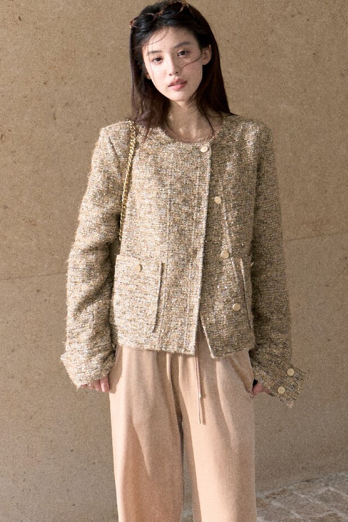 Lace Knit Long-Sleeve Top and Drape Velvet Straight-Leg Pants Set-Up