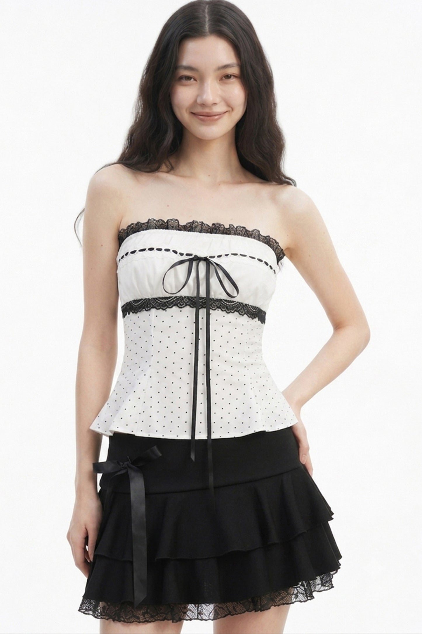 Polka Dot Lace Trim Strapless Top