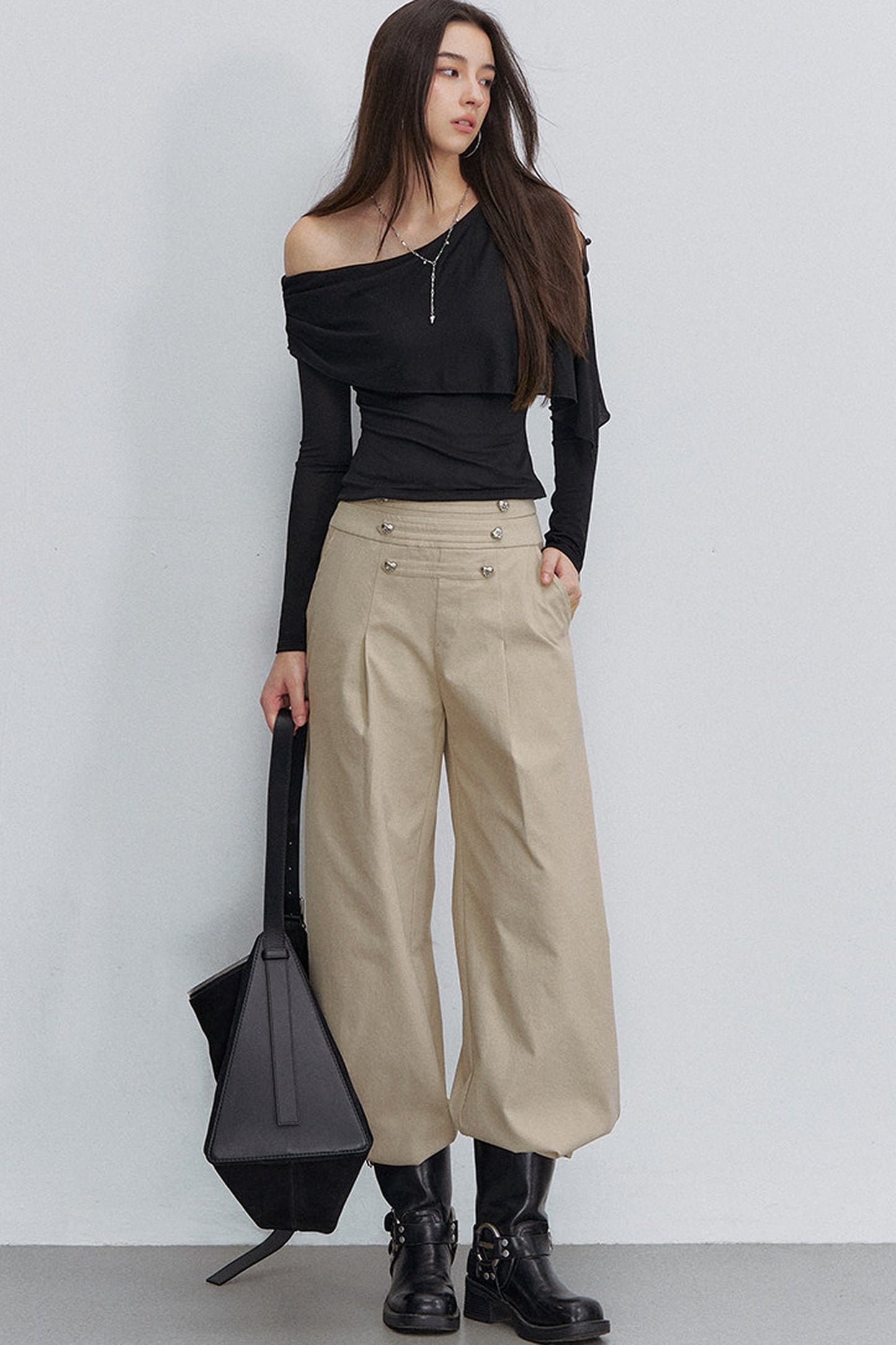 Pleated Heart Button Pants