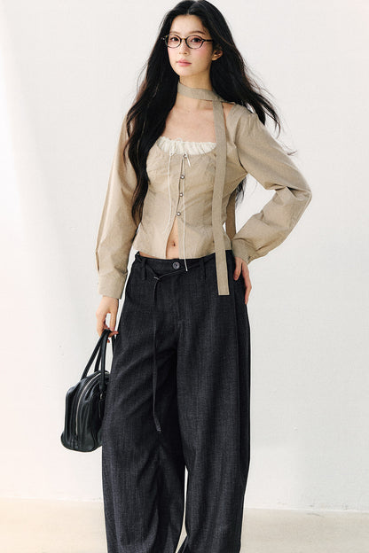 Halter Neck Ribbon Patchwork Long Sleeve Top