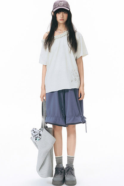 Color-Block Drawstring Elastic Waist Wide-Leg Mid-Length Shorts