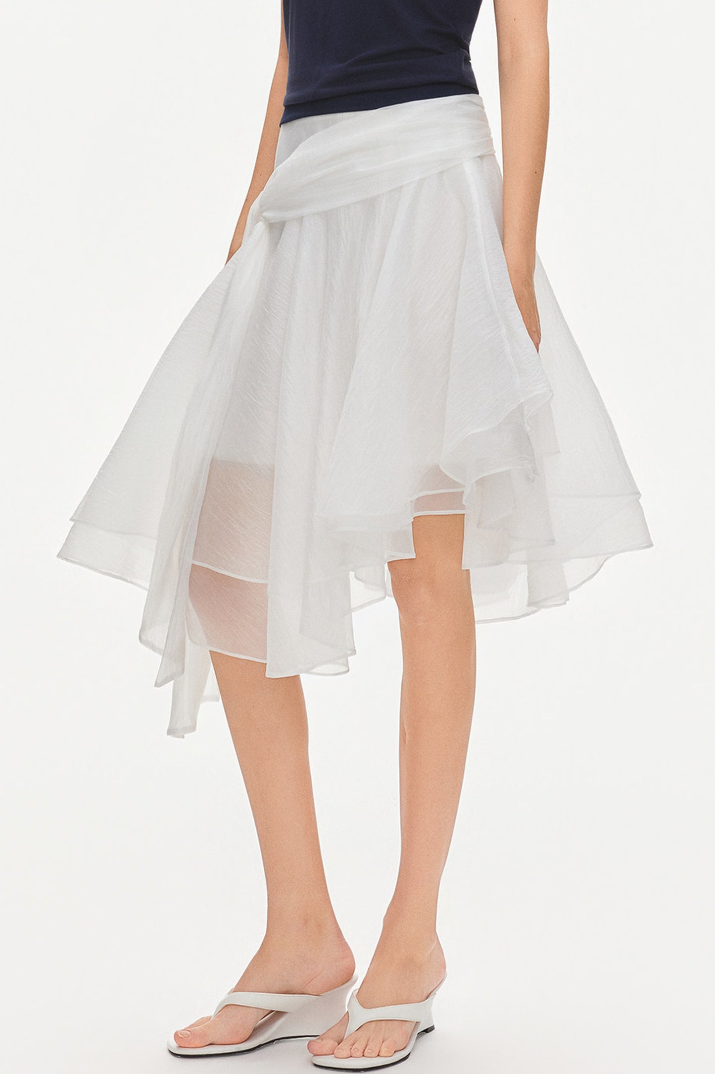 Asymmetrical Tie Waist Sheer Midi Skirt