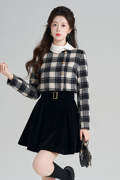 Layered-Look Plaid Velvet A-Line Dress