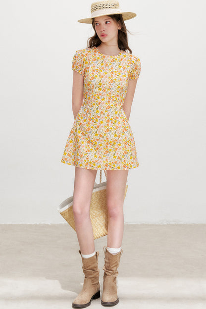 Warm Floral Puff Sleeve Dress