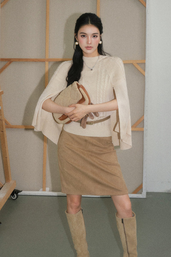 Off-White Lyocell Semi-Sheer Long-Sleeve Top and Skirt Set-Up