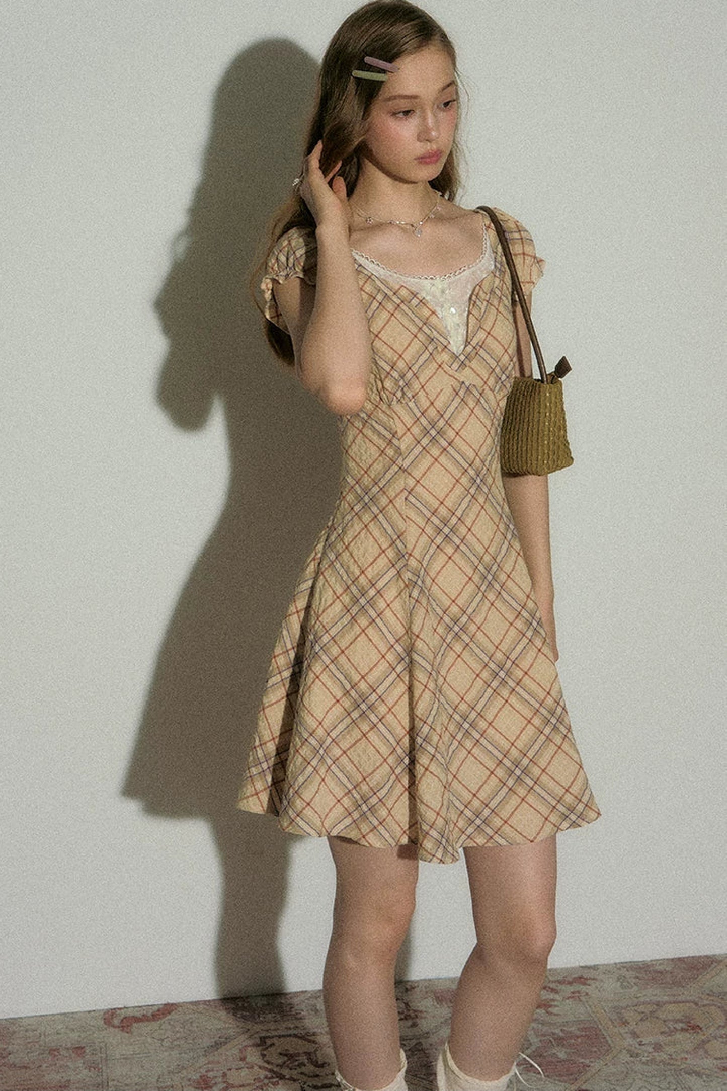 Clear Sky Plaid Lace Dress
