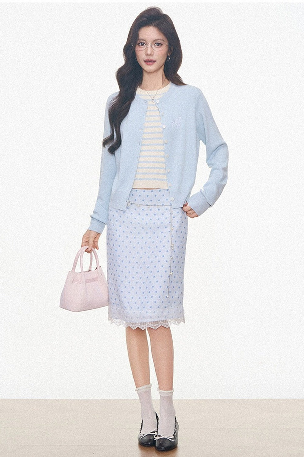 Light Blue Knitted Cardigan and Polka Dot Midi Skirt Set-Up