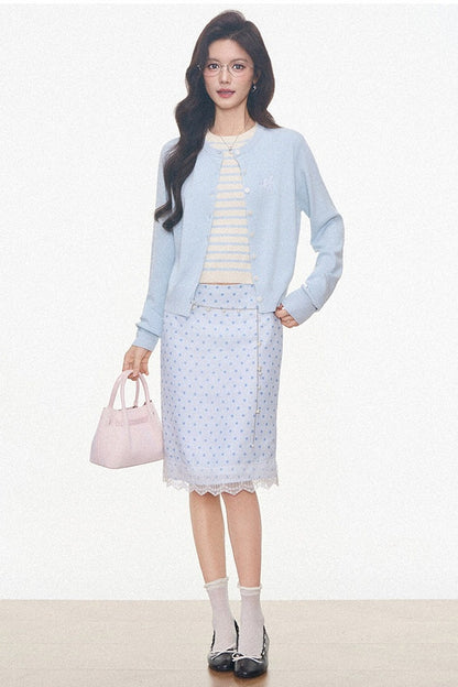 Light Blue Knitted Cardigan and Polka Dot Midi Skirt Set-Up