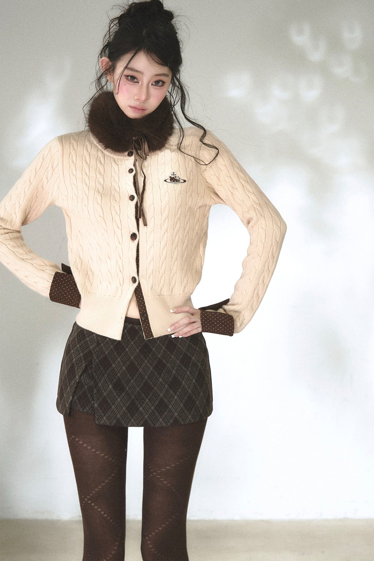 Color-Blocked Polka Dot Cable Knit Cardigan