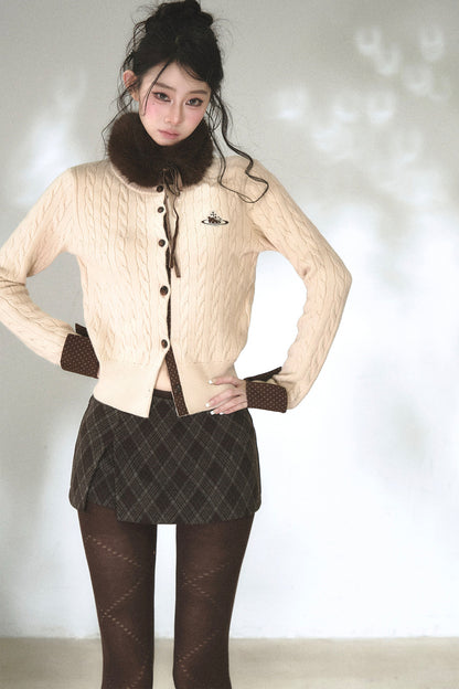 Color-Blocked Polka Dot Cable Knit Cardigan