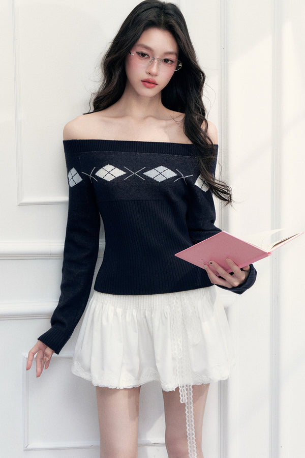 Argyle Off-Shoulder Knit Top
