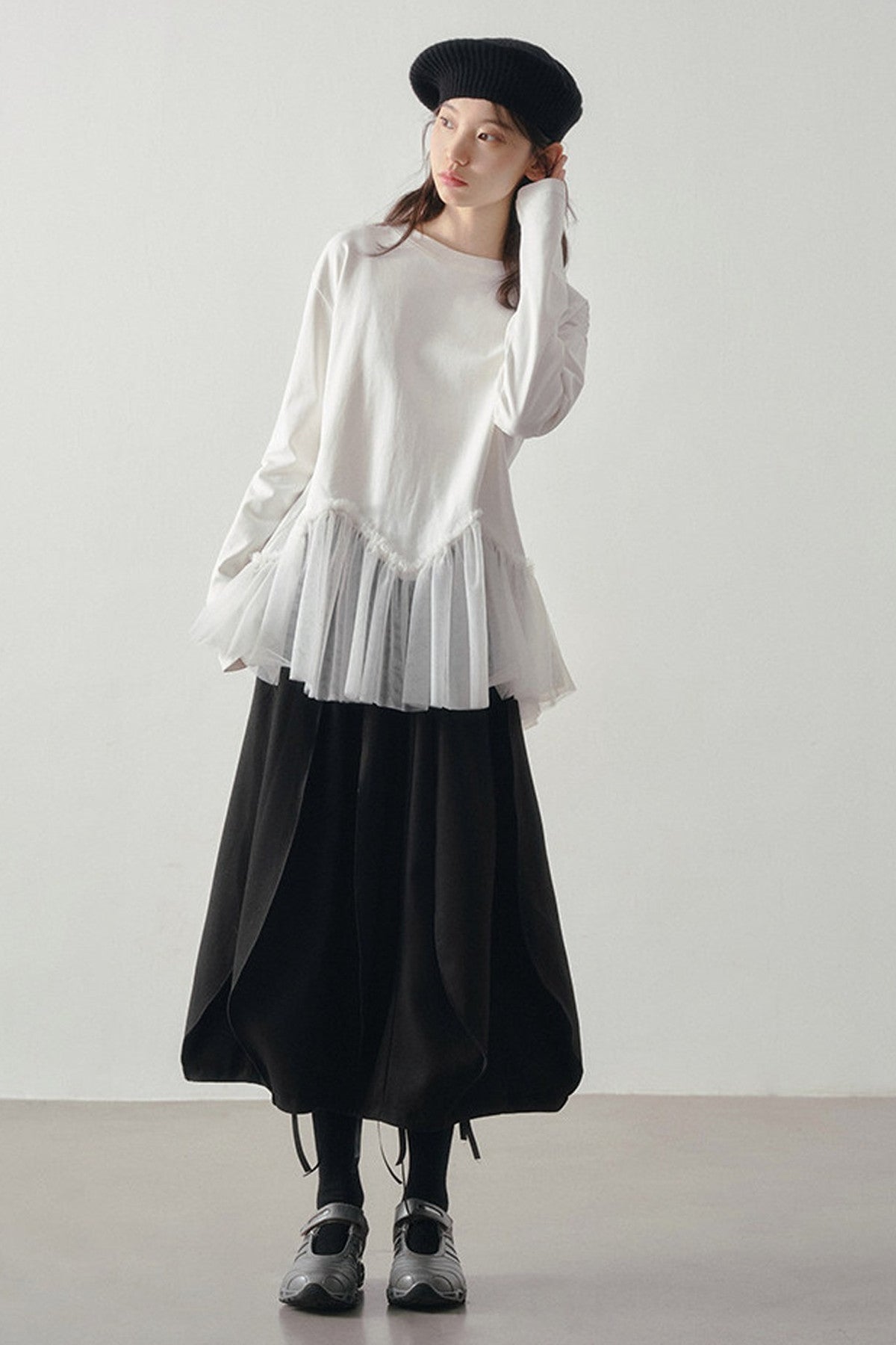 Wavy Hem Mesh Long Sleeve Top