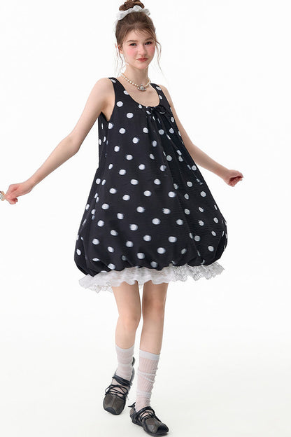 Black Polka Dot Sleeveless Lace Hem Dress