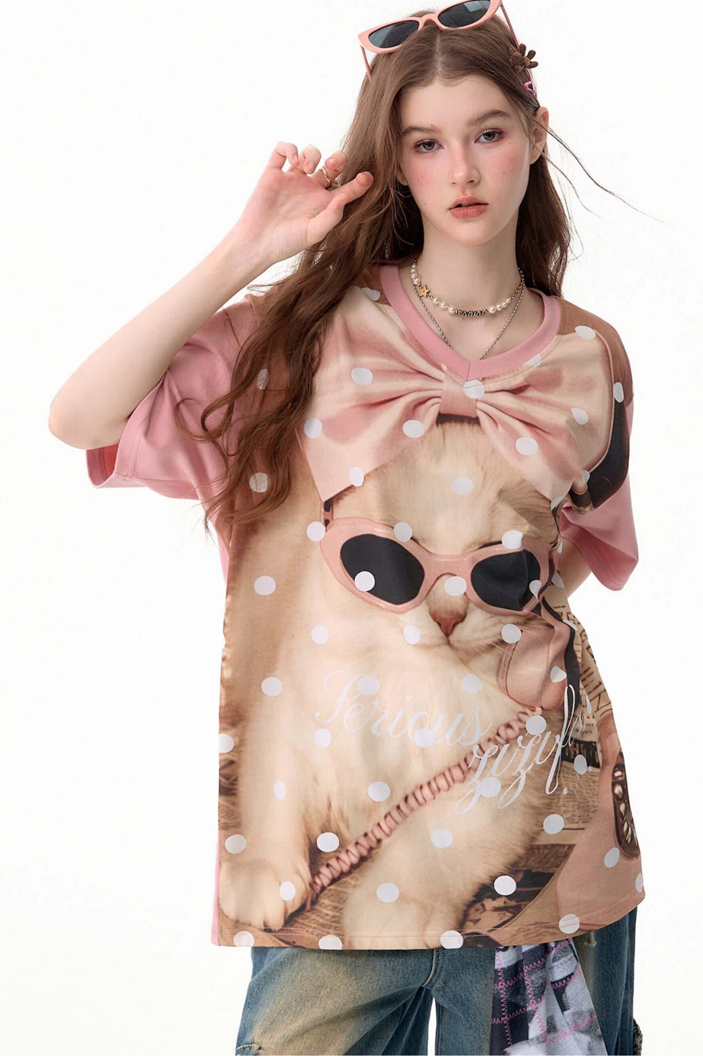 Rosa gepunktetes T-Shirt mit Katzenmotiv