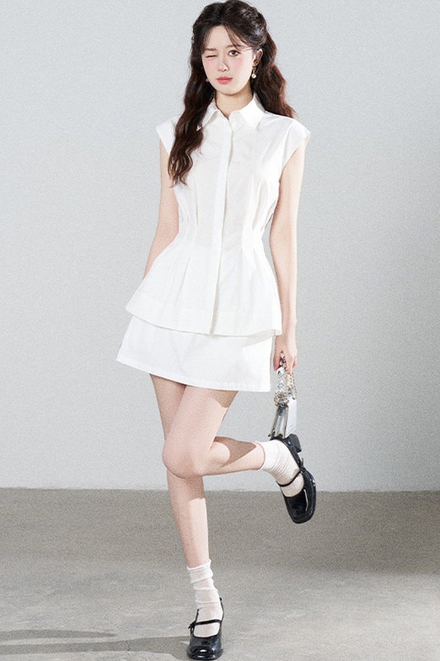 Pleated Shirt and Mini Skirt Set-Up