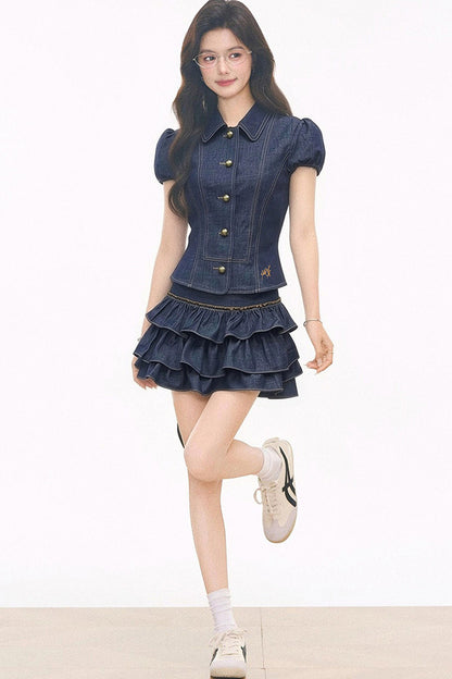 Completo estivo in finto denim con blusa e gonna