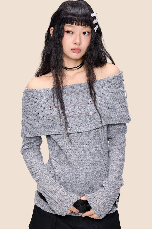 Button Off-Shoulder Knit Top