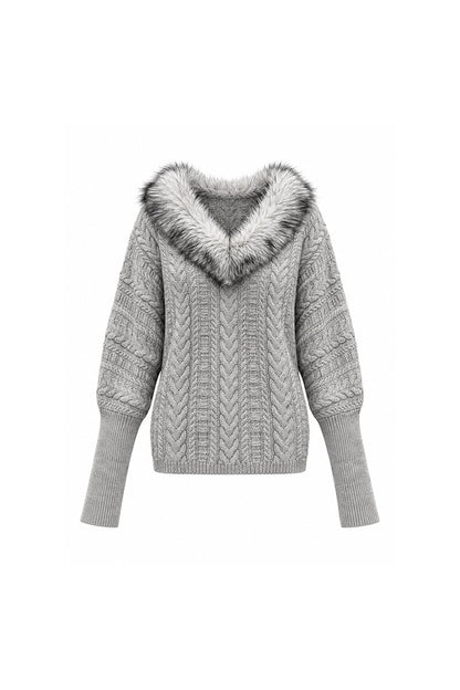 Fur Collar Knit Top and Skirt Set-Up