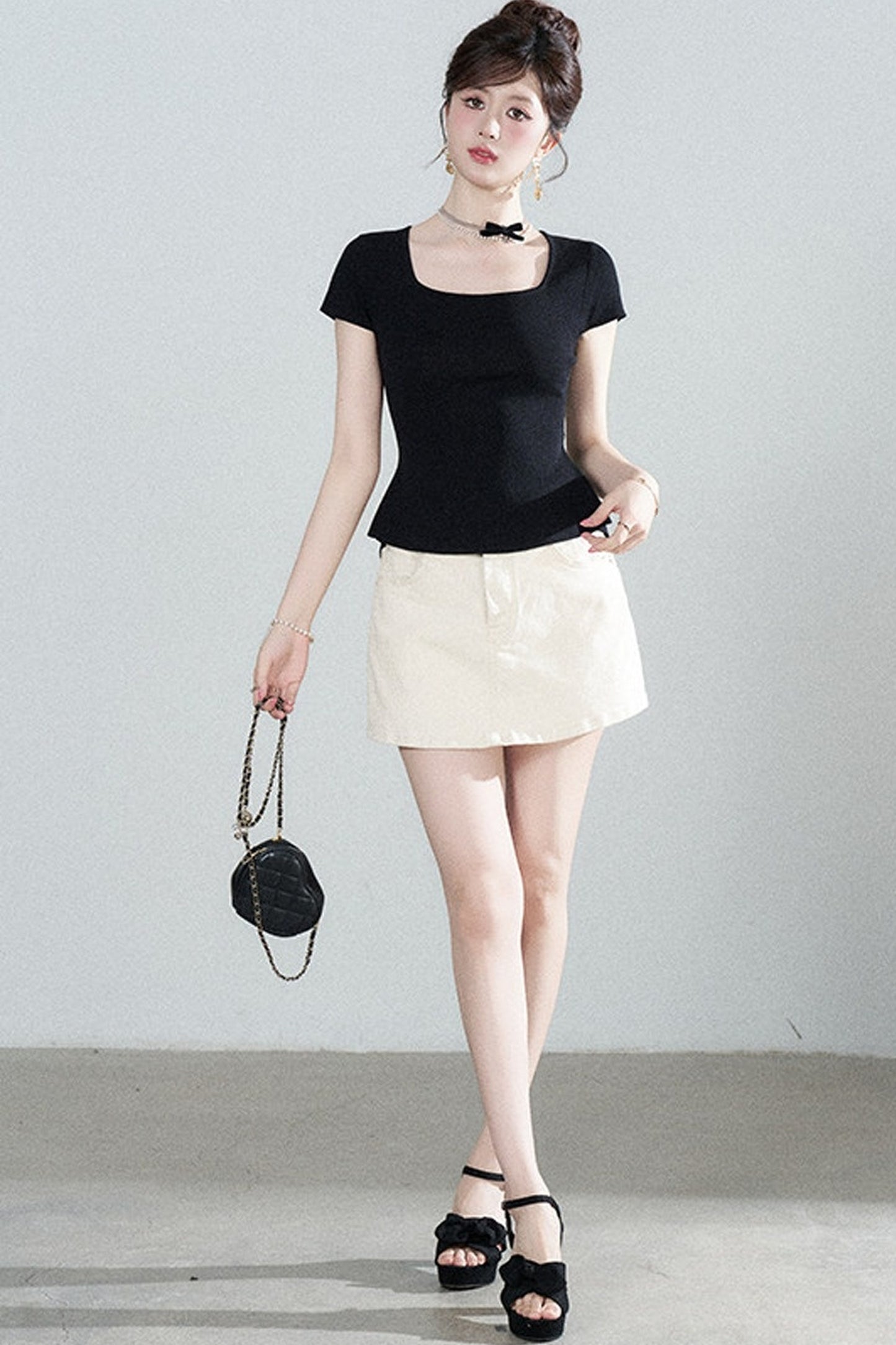 Square Neck Knit Top and Polka Dot Skirt Set-Up
