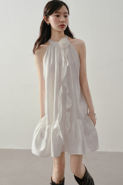 White Rose Halter Neck Ruffle Dress