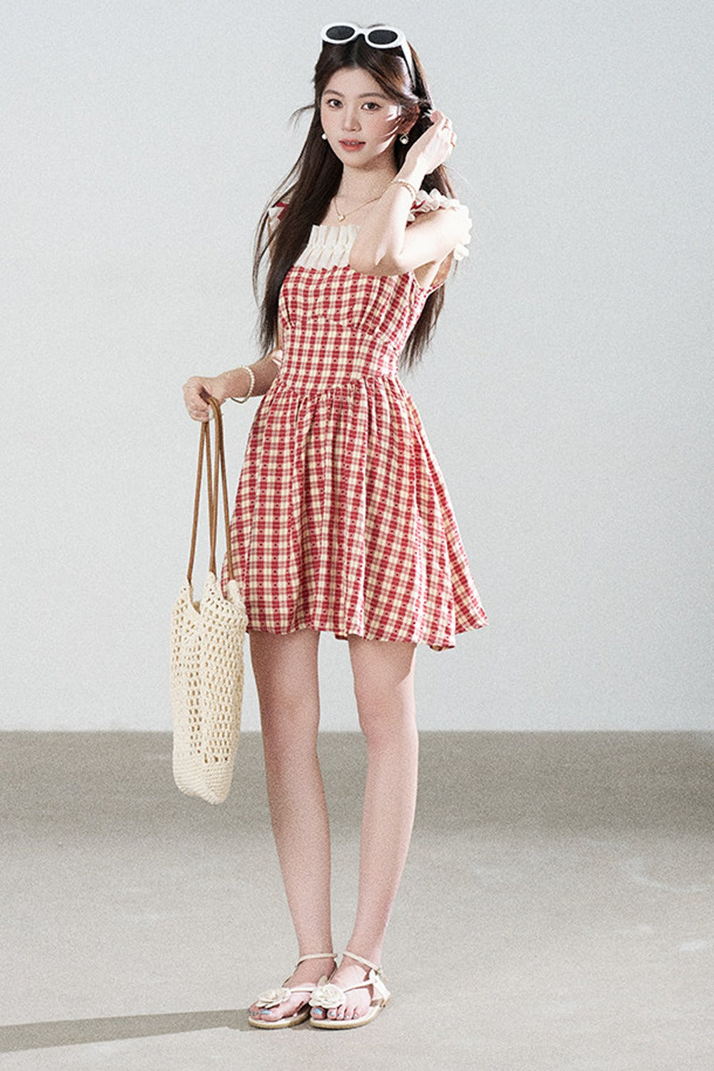 Red Plaid Sleeveless Ruffle Dress