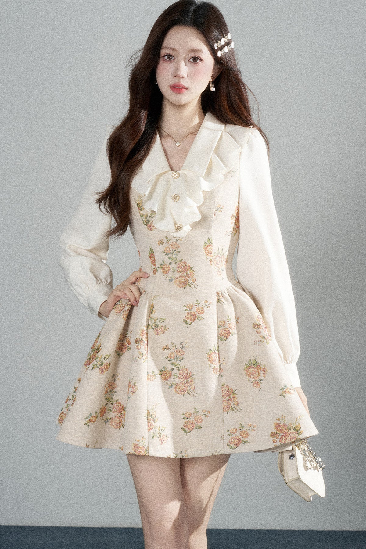 Floral Lantern Sleeve Ruffle Collar Dress