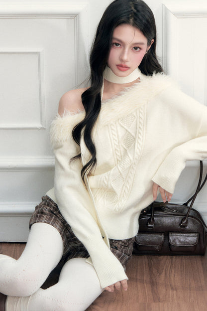Fur Collar Off-Shoulder Cable Knit Sweater