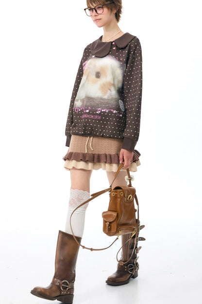 Polka Dot Rabbit Print Doll Collar Sweatshirt