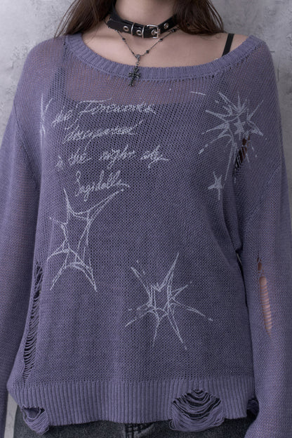 Purple Ripped Knit Print Sweater